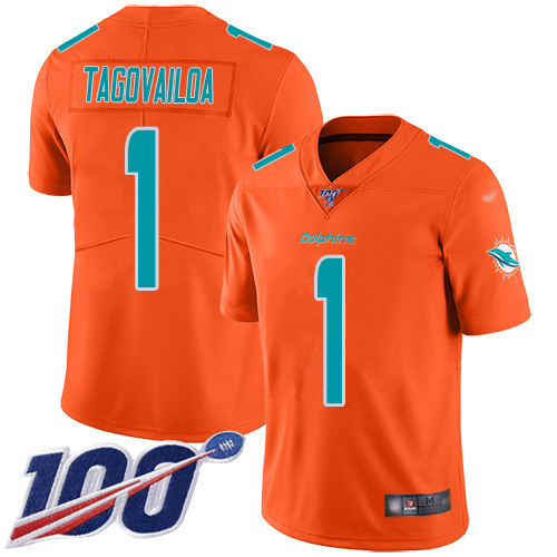 Nike Miami Dolphins 1 Tua Tagovailoa Orange Youth Stitched NFL Limited Inverted Legend 100th Season Jersey